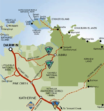 Darwin  to Katherine on the Adventure Tours Plus Bus with a guide and mix of camping and accommodaet hostels. Courtesy of Northern Territory Tourism  Commission - Member of Top End Tourism